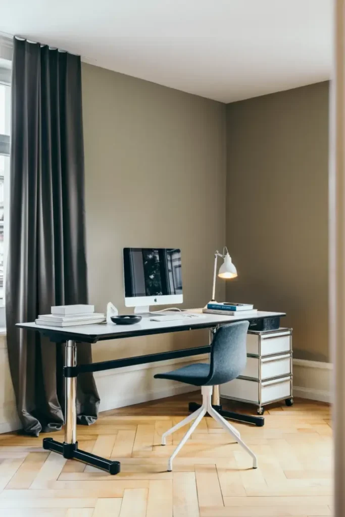 Stilvolles Homeoffice mit USM Haller Rollcontainer und modernem Schreibtisch Elegantes Homeoffice mit hellem Holzboden, modernem Schreibtisch, iMac und einem weißen USM Haller Rollcontainer. Eine Leseleuchte und Vorhänge in dunklem Grau ergänzen die ruhige, konzentrierte Arbeitsatmosphäre.