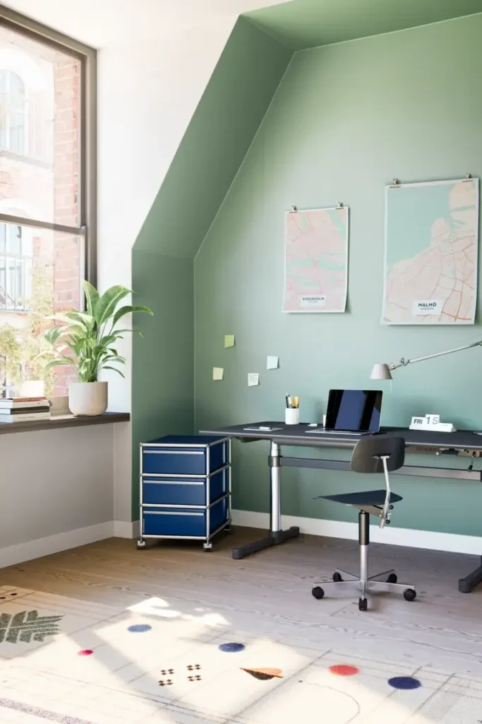 Kreatives Homeoffice mit blauem USM Haller Rollcontainer und ergonomischem Arbeitsplatz Helles Arbeitszimmer unter einer Dachschräge mit grün gestrichener Wand, Schreibtisch, Laptop und einem blauen USM Haller Rollcontainer. Kartenposter, ein großer Fensterplatz mit Pflanze und ein gemusterter Teppich schaffen eine inspirierende, moderne Lern- und Arbeitsatmosphäre.