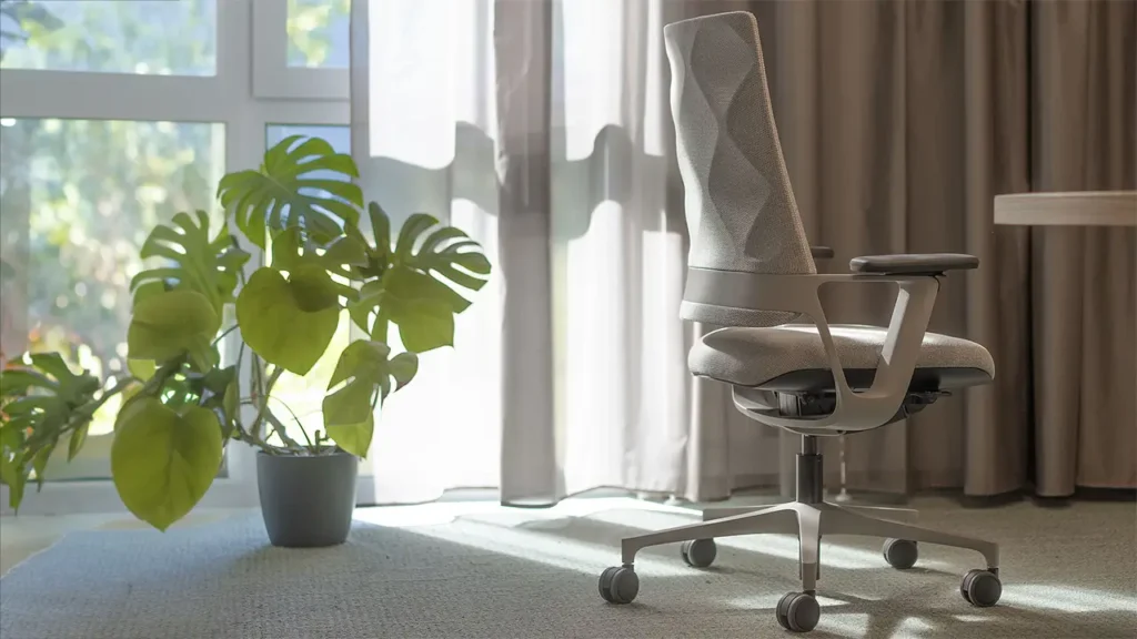 Der ergonomische Bürostuhl Klöber Connex Signature in der Edition „Simply Taupe“ steht in einem modernen, lichtdurchfluteten Büro mit Vorhängen und Zimmerpflanze – perfekte Verbindung von Design und Natur.