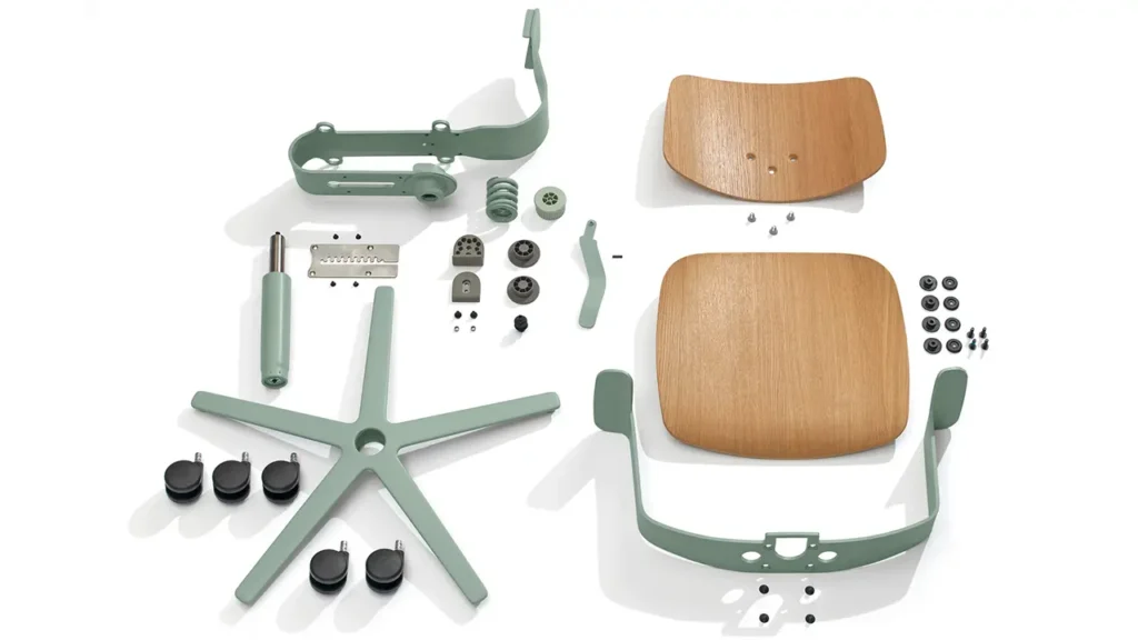 Einzelteile des Wilkhahn WiChair: Sitz- und Rückenflächen aus Holz, Stahlschwinge, Fußkreuz und Rollen – klar strukturiert und leicht montierbar dargestellt.
